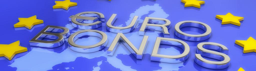 Map of Europe in blue with yellow stars, on it the message Eurobonds in metallic silver